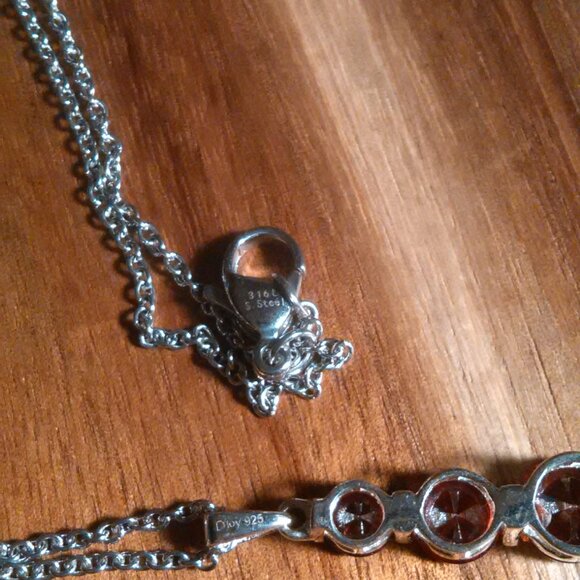 Simulated Red Diamond Sterling Silver Pendant Stainless Steel Necklace - Picture 4 of 10